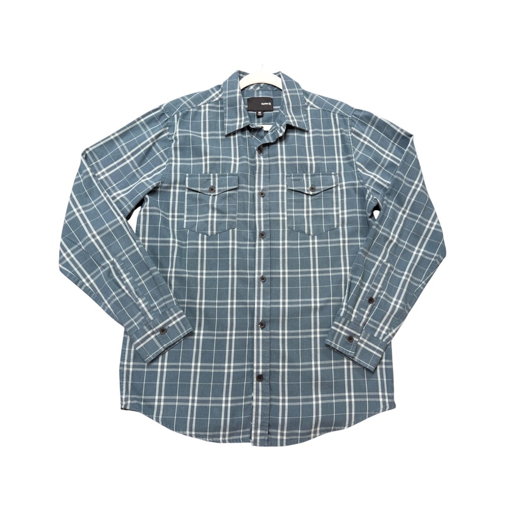 Hurley Flannel Shirt Mens M Blue Excellent Nike Dri-FIT Plaid Long Sleeve Pocket